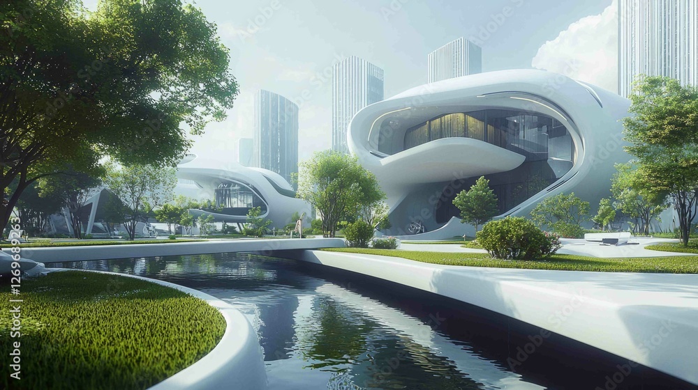 Poster modern dynamic urban landscape with unique architecture elements