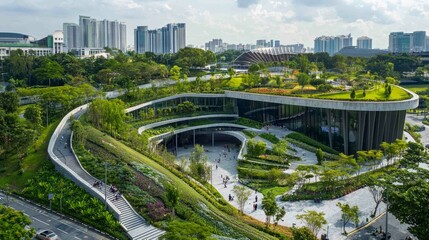 Fototapeta premium Vibrant Urban Landscape with Green Park and Bustling Streets