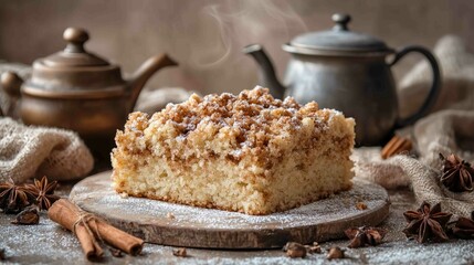 Fototapeta premium Fluffy Cinnamon Crumb Cake with Sugar Dusting and Natural Decor