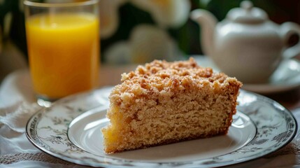 Fluffy Slice of Golden Brown Crumb Cake with Orange Juice