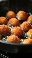 Breaded balls of cheese are frying in hot oil in a dark frying pan.