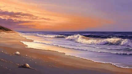 Seascape Sunset Beach Scene With Shells