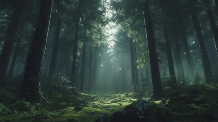 Fototapeta premium Majestic Scandinavian Forest Bathed in Soft Morning Light with Lush Green Moss and Misty Atmosphere