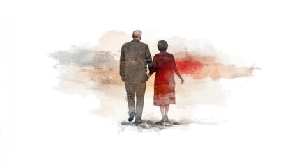 Obraz premium Elderly Couple Walking Arm in Arm - Watercolor Illustration of Senior Man and Woman, Love and Family Concept