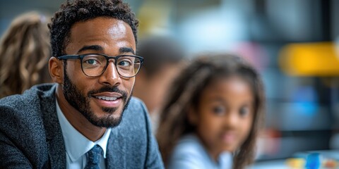 Fototapeta premium Modern Educator with Enthusiasm Leading Young Student in a Classroom Environment of Learning
