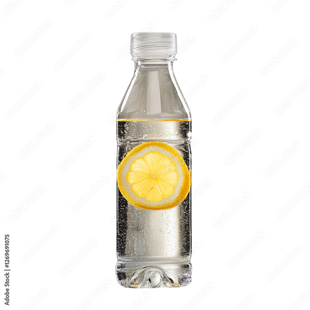 Poster refreshing lemon flavored sparkling water in clear bottle, showcasing slice of lemon inside. perfect