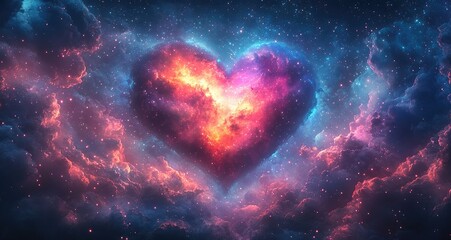 A cosmic heart shape surrounded by vibrant clouds and stars, symbolizing love and wonder.