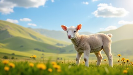 Obraz premium Nursing lamb, Nursing lamb in hills blue sky and tall grass photorealistic