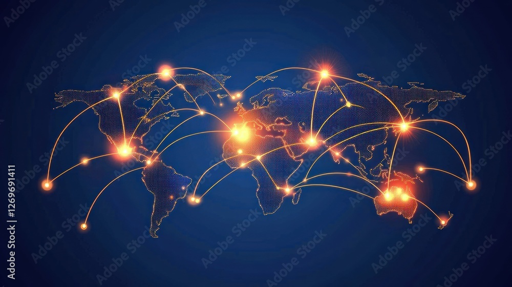 Aufkleber World map with glowing nodes interconnected by golden lines