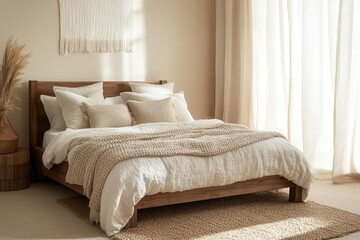 Minimalist Beige Boho Bedroom Interior with Wooden Furniture and Empty Wall Space for Mockups