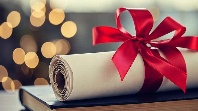 Rolled diploma with red ribbon on books, festive background