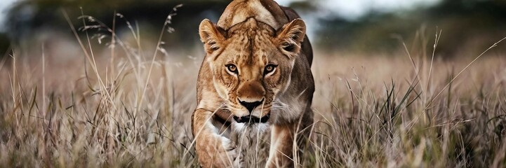 Obraz premium Stealthy Fierce Lioness Hunting in Golden Grass with Blurred Savanna Background. 