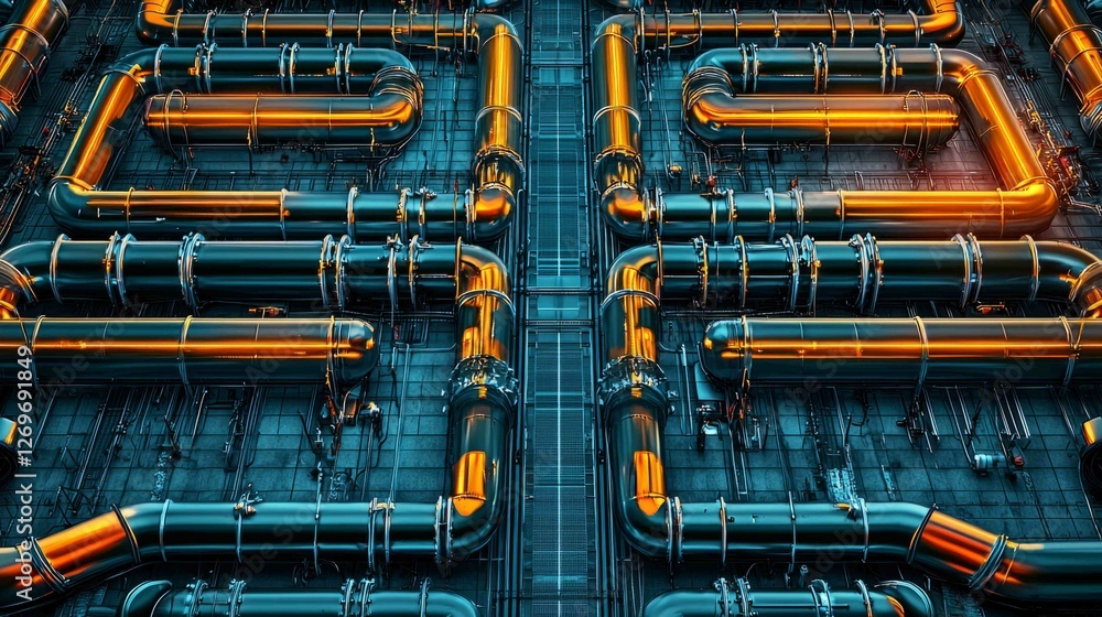 Poster futuristic industrial scene with array of air pipes in unique design
