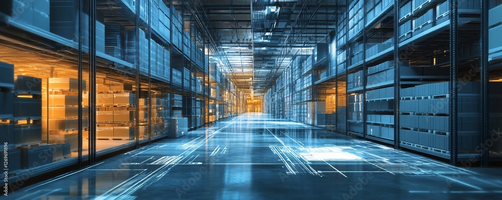 Poster Modern automated warehouse with data flowing through it