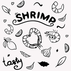 Shrimp in doodle style drawn with black line: shrimp in the shape of a heart, with lemon and arugula, lemon, garlic, sushi, lettering