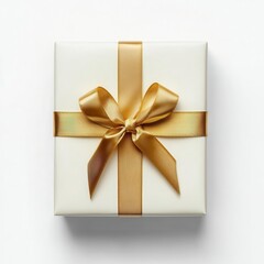 Minimalist Top-Down View of a Gold Ribbon Gift Box on Pure White Background