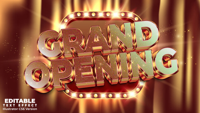 Grand opening shiny bold elegant gold 3d editable vector text effect with a gold curtain in the background with light bulb