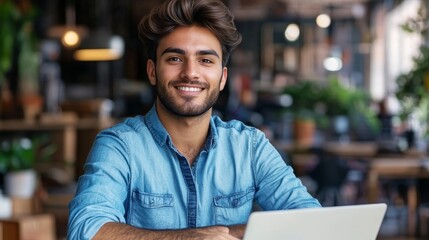 Fototapeta premium Confident Young Professional Smiling at Desk with Laptop, Freelancer Working Remotely in Cafe