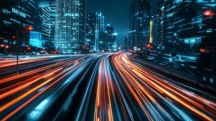 Fototapeta premium Futuristic Cityscape with Illuminated Asphalt Roads at Night
