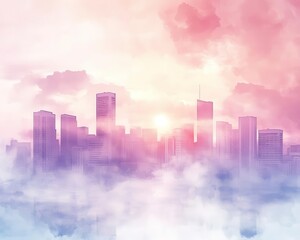 Fototapeta premium Misty Cityscape at Dawn with Urban Skyline Silhouettes