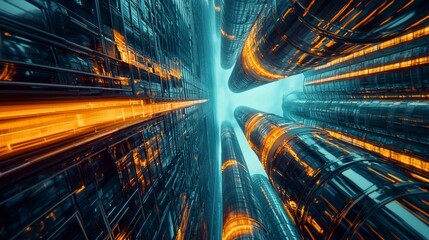 Obraz premium Futuristic Urban Setting with Glowing Air Pipes and Skyscrapers