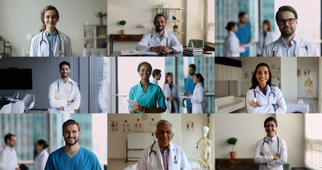 Portraits of different age and race medical workers, cardiologists, interns and nurses in uniform...