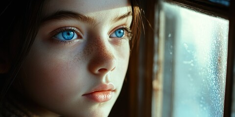 Child peering out window