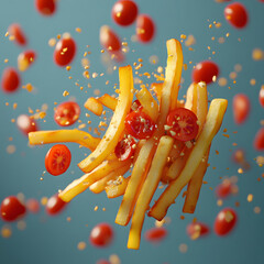 flying french fries with tomato pieces AI generated