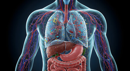 Human Body Anatomy Showing Lungs Liver Stomach Intestines and Blood Vessels with microplastics