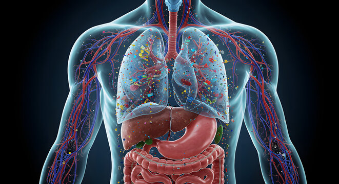 Human Body Anatomy Showing Lungs Liver Stomach Intestines and Blood Vessels with microplastics
