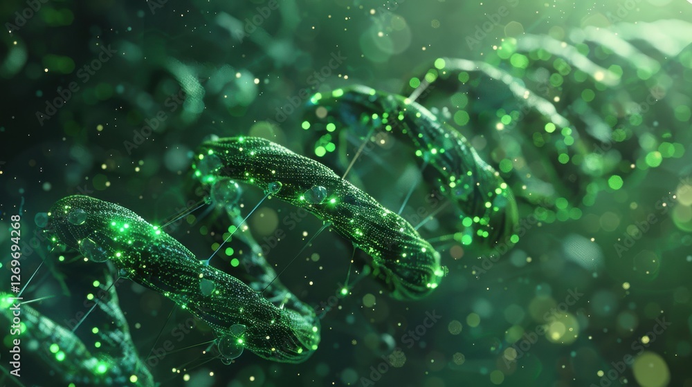 Poster abstract digital representation of dna molecule with green lights and sparkles in a scientific backg