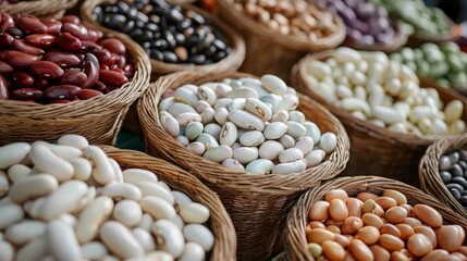 Fototapeta premium Assorted Beans Displayed in Woven Baskets from a High Angle Shot