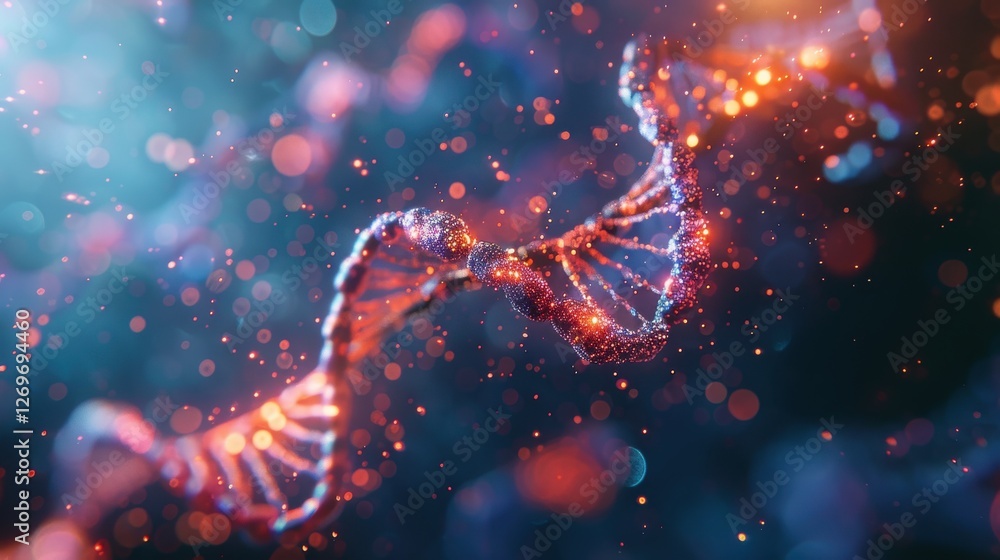 Poster abstract representation of dna helix with colorful particles and glowing effects in a scientific env