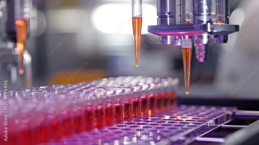 Poster precision liquid handling in modern laboratory with pipettes and sample test tubes for scientific re