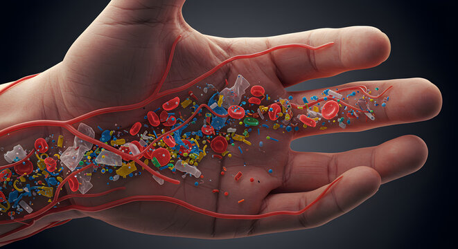 Microplastics and Blood Cells Flowing Through a Human Hand Illustration