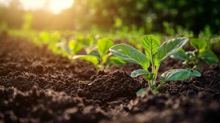 Fototapeta premium Close-Up of Rich Dark Soil with Young Plants in Sunlit Field