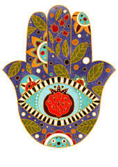 Protection and luck amulet. Hand of Fatima. Decorative hamsa symbols with pomegranate.
