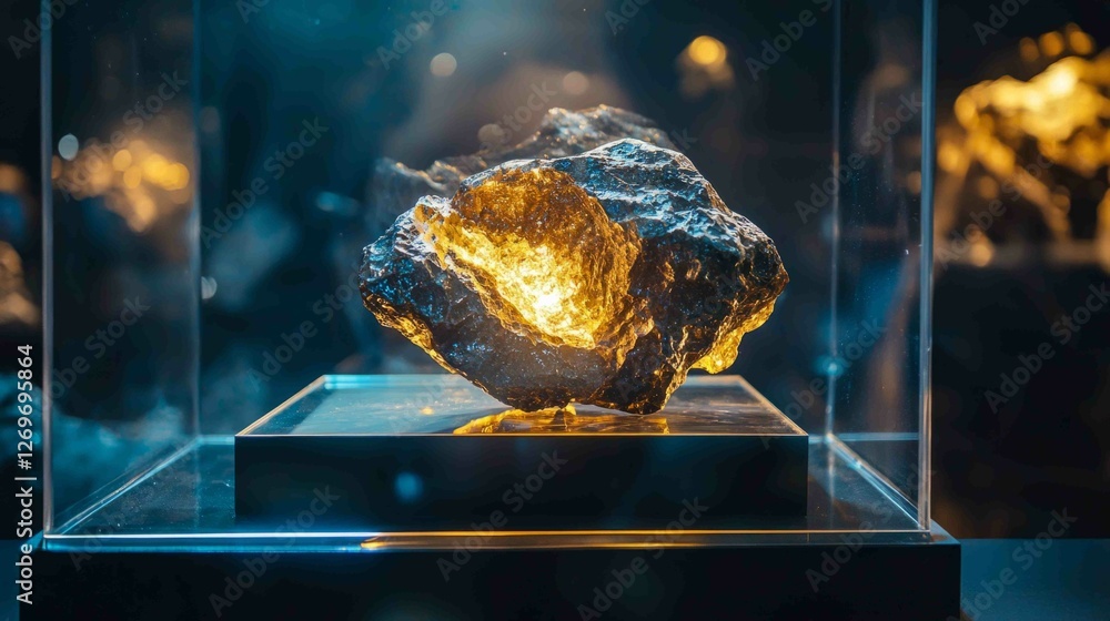 Poster high-resolution shot of polished meteorite displayed in gallery