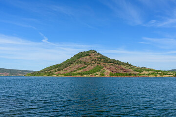 Lake Salagou in Europe, France, Occitanie, Herault, Clermont l Herault, in summer, on a sunny day.