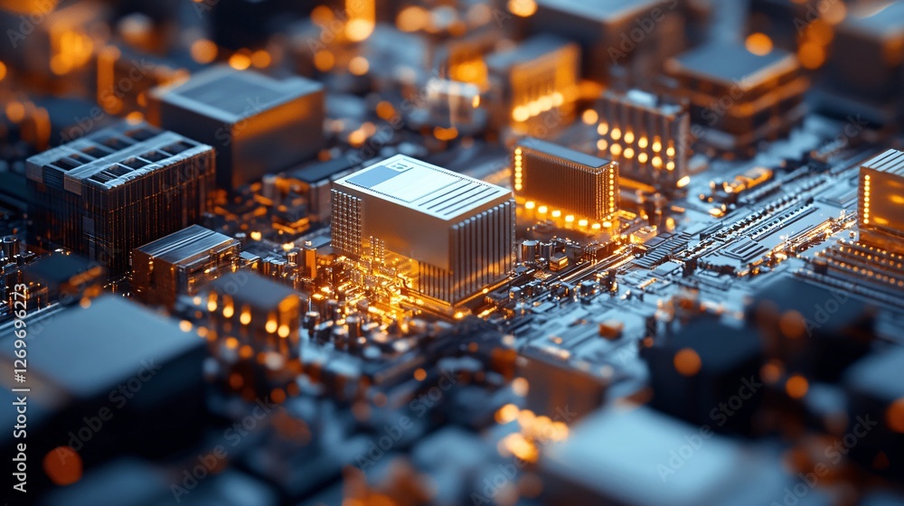 Poster Modern cpu processor transferring data with glowing circuits