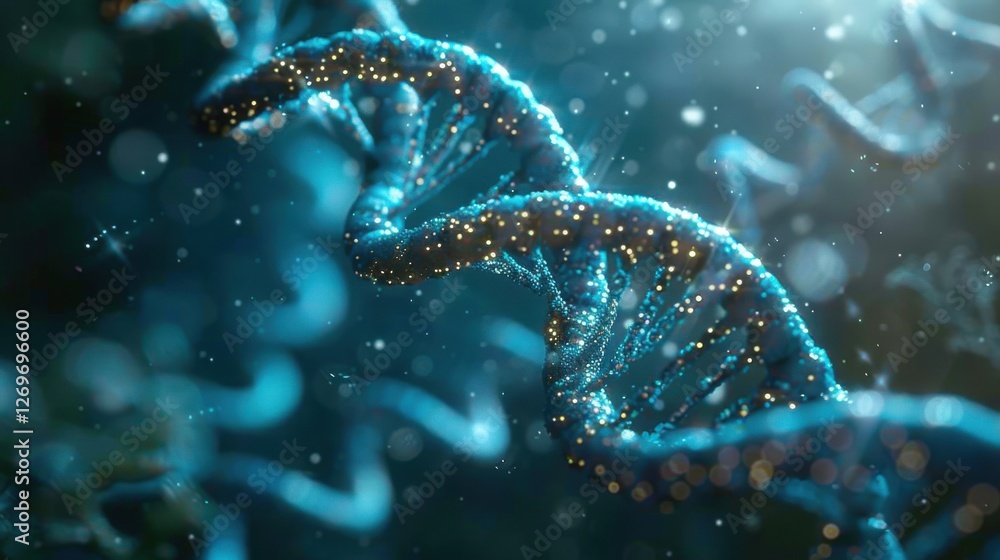 Poster abstract visualization of dna helix structure with glowing particles in a scientific environment