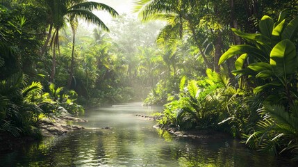 Obraz premium Lush Tropical Landscape with Dense Jungle and Tranquil Waterway
