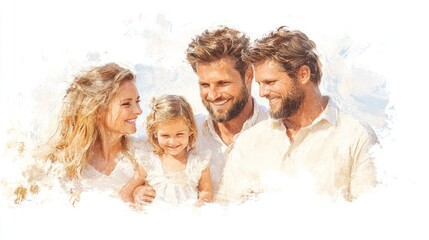 Happy Caucasian Father with Children Watercolor Portrait