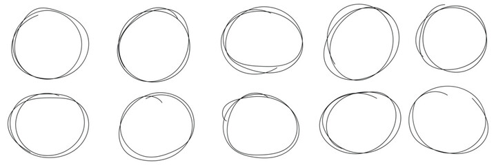 Hand drawn circle highlighter set. Circle, pen draw. Vector marker circular lines, doodle round circles for message note mark design element. Different circles vector illustration. 