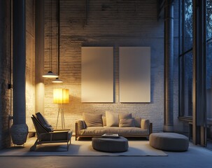 Modern Loft Apartment Evening Interior Design with Cozy Sofa and Blank Canvases