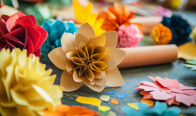 Colorful paper flowers and craft materials scattered on a vibrant surface.