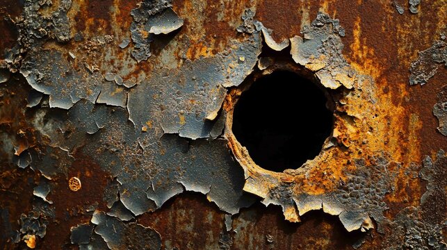 Macro Shot of a Bullet Hole on Rusted Metal Surface Texture