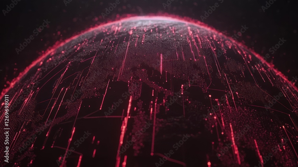 Poster A digital globe is illuminated with flowing red light