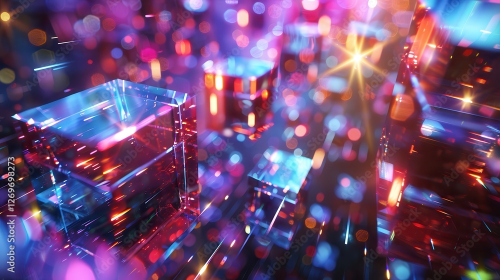 Poster abstract vibrant light reflections with geometric shapes in a colorful sci-fi background