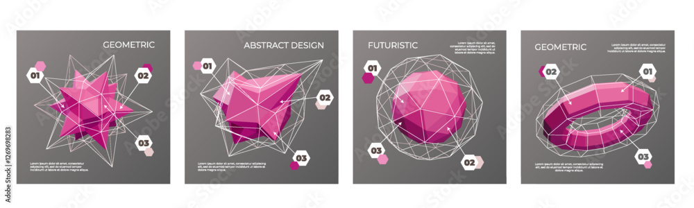 Poster Polygon background. Abstract business cards. 3D shapes. Line triangles. Wireframe texture. Science infographic. Hexagon figures. Grid structure. Render sphere. Vector design banners set